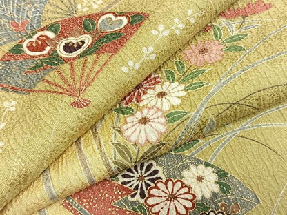平和屋着物▽上質な小紋 単衣 扇面花文 金彩 正絹 逸品 AABC3862fy