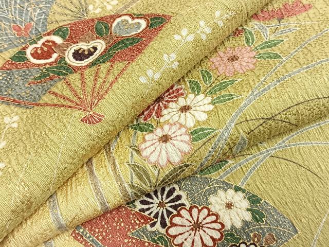 平和屋着物▽上質な小紋 単衣 扇面花文 金彩 正絹 逸品 AABC3862fy