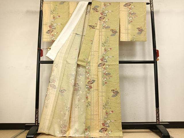 平和屋着物▽上質な小紋 単衣 扇面花文 金彩 正絹 逸品 AABC3862fy