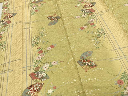 平和屋着物▽上質な小紋 単衣 扇面花文 金彩 正絹 逸品 AABC3862fy