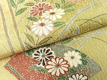 平和屋着物▽上質な小紋 単衣 扇面花文 金彩 正絹 逸品 AABC3862fy