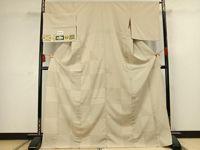 平和屋着物▽本塩沢 単衣 市松文様 証紙付き ロング丈 正絹 逸品 AABC3893fy