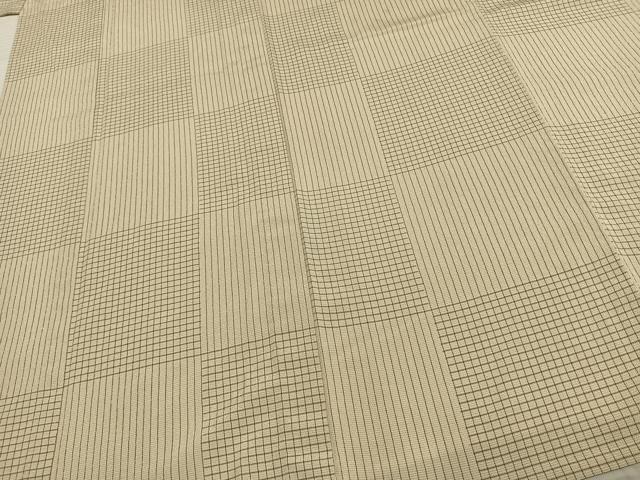 平和屋着物▽本塩沢 単衣 市松文様 証紙付き ロング丈 正絹 逸品 AABC3893fy