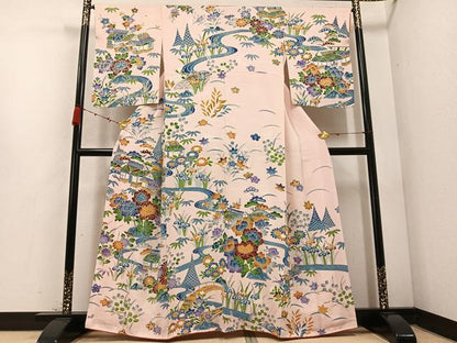 平和屋着物●訪問着 型染め 流水風景草花文 正絹 逸品 AABC9662ph