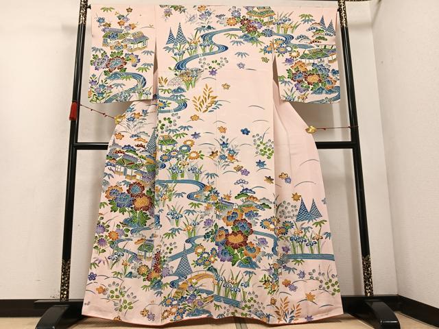 平和屋着物●訪問着 型染め 流水風景草花文 正絹 逸品 AABC9662ph