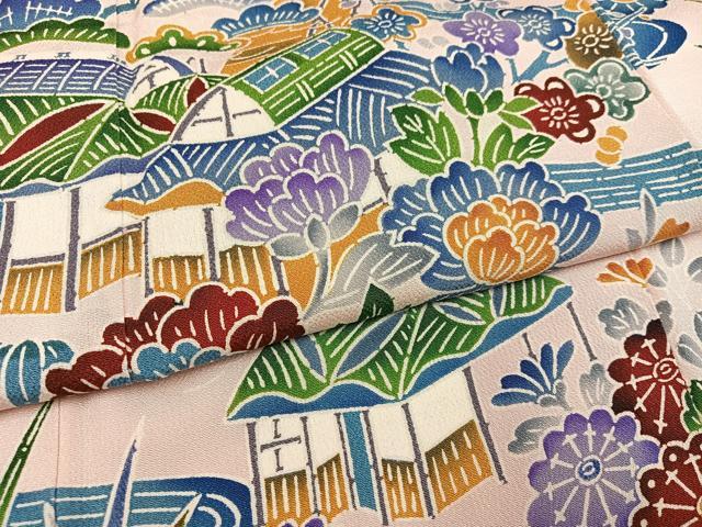 平和屋着物●訪問着 型染め 流水風景草花文 正絹 逸品 AABC9662ph