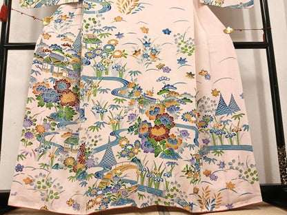 平和屋着物●訪問着 型染め 流水風景草花文 正絹 逸品 AABC9662ph