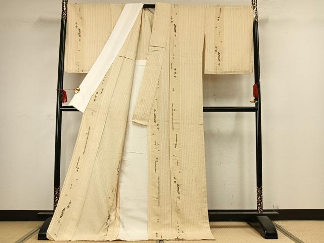 平和屋着物▽上質な紬 単衣 絞り 刺繍 間道 ロング丈 正絹 逸品 AABC4001fy