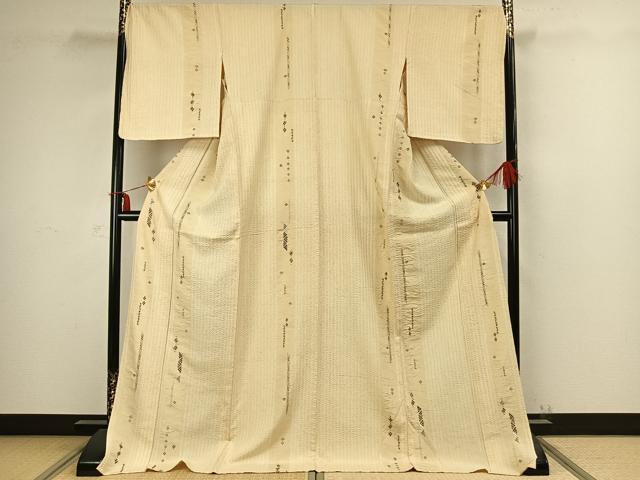 平和屋着物▽上質な紬 単衣 絞り 刺繍 間道 ロング丈 正絹 逸品 AABC4001fy