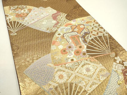 平和屋着物▼六通柄袋帯　唐織　扇面御所車花文　金銀糸　正絹　逸品　DAAX9439fe