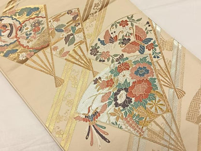 平和屋着物◎六通柄袋帯　唐織　扇面鳳凰花文　金銀糸　正絹　逸品　CAAZ8492qv