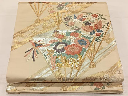 平和屋着物◎六通柄袋帯　唐織　扇面鳳凰花文　金銀糸　正絹　逸品　CAAZ8492qv