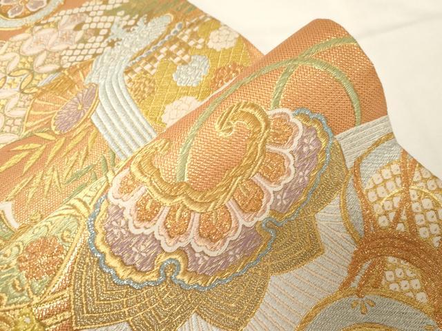 平和屋着物▼西陣　六通柄袋帯　楽器扇面花文　金糸　証紙付き　正絹　逸品　CAAZ6728dy
