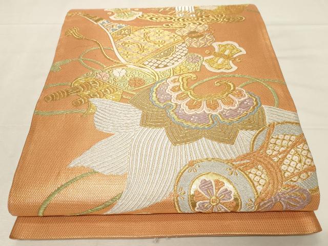 平和屋着物▼西陣　六通柄袋帯　楽器扇面花文　金糸　証紙付き　正絹　逸品　CAAZ6728dy