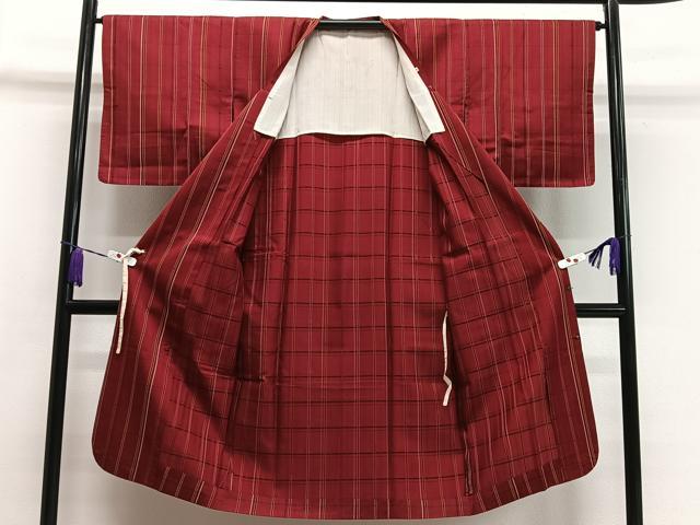平和屋着物■道行コート　雨コート　単衣　格子　ロング丈　正絹　逸品　CAAY8675ua