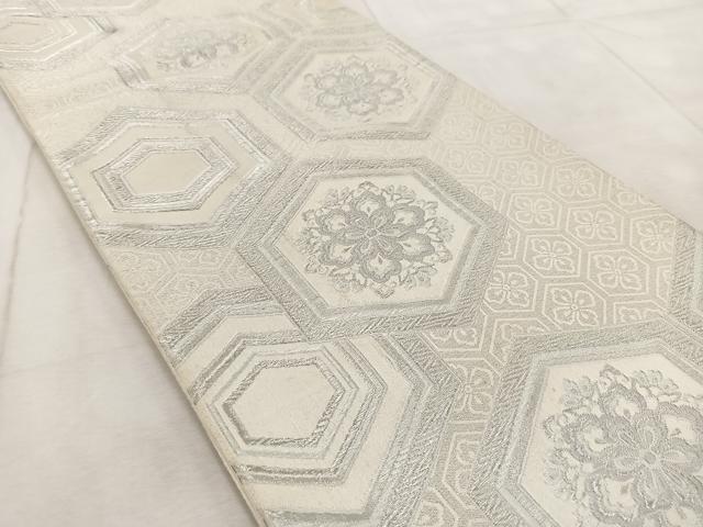 平和屋着物◎六通柄袋帯 唐織 亀甲花文 銀糸正絹 逸品 BAAV6743yc