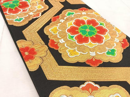 平和屋着物◎六通柄袋帯 唐織 幾何学文様 黒地 金糸 正絹 逸品 BAAV6740yc