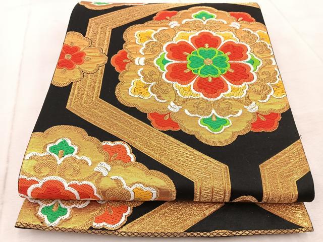 平和屋着物◎六通柄袋帯 唐織 幾何学文様 黒地 金糸 正絹 逸品 BAAV6740yc
