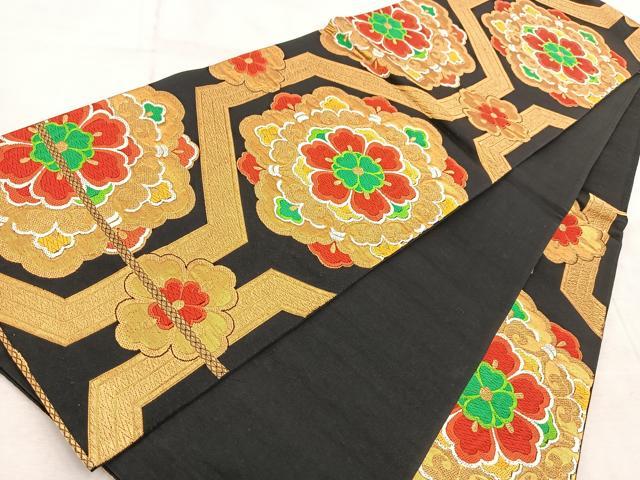 平和屋着物◎六通柄袋帯 唐織 幾何学文様 黒地 金糸 正絹 逸品 BAAV6740yc