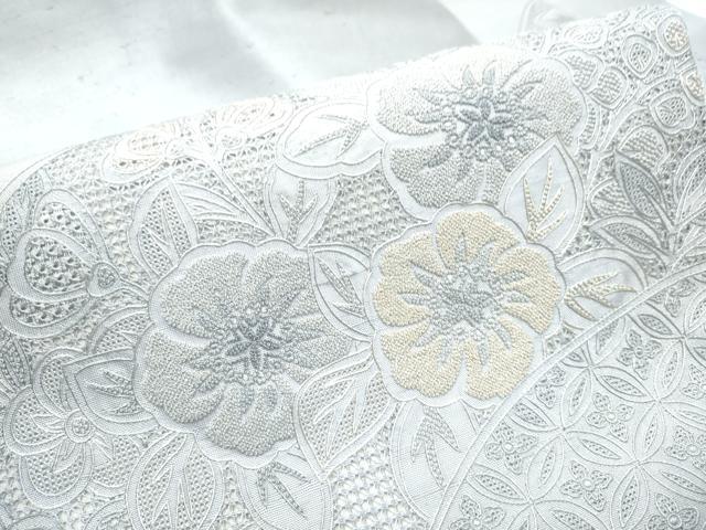 平和屋着物●中国三大刺繍 スワトウ相良刺繍 総刺繍 九寸名古屋帯 紬地 吉祥花文 暁鼠色 正絹 逸品 CABA0878hy