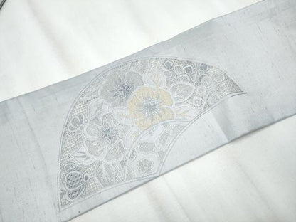 平和屋着物●中国三大刺繍 スワトウ相良刺繍 総刺繍 九寸名古屋帯 紬地 吉祥花文 暁鼠色 正絹 逸品 CABA0878hy