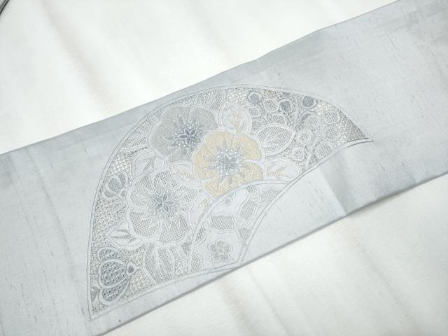 平和屋着物●中国三大刺繍 スワトウ相良刺繍 総刺繍 九寸名古屋帯 紬地 吉祥花文 暁鼠色 正絹 逸品 CABA0878hy