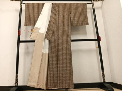 平和屋着物●上質な紬 格子 正絹 逸品 AABC9781ph