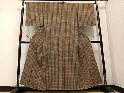 平和屋着物●上質な紬 格子 正絹 逸品 AABC9781ph