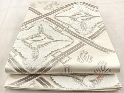 平和屋着物◎六通柄袋帯　唐織　菱取向鶴　プラチナ箔　正絹　逸品　BAAV4840yc