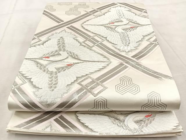 平和屋着物◎六通柄袋帯　唐織　菱取向鶴　プラチナ箔　正絹　逸品　BAAV4840yc
