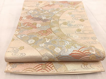 平和屋着物◎六通柄袋帯　唐織　飛鶴流水花文　金銀糸　正絹　逸品　BAAV4916yc