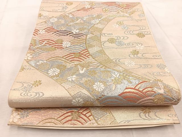 平和屋着物◎六通柄袋帯　唐織　飛鶴流水花文　金銀糸　正絹　逸品　BAAV4916yc
