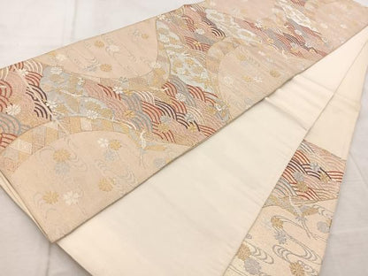 平和屋着物◎六通柄袋帯　唐織　飛鶴流水花文　金銀糸　正絹　逸品　BAAV4916yc