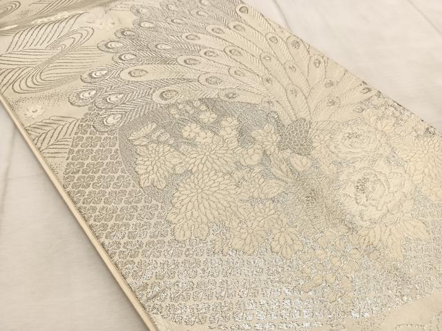 平和屋着物◎六通柄袋帯 唐織 美保姿 孔雀花文 銀糸 正絹 逸品 BAAV6424yc