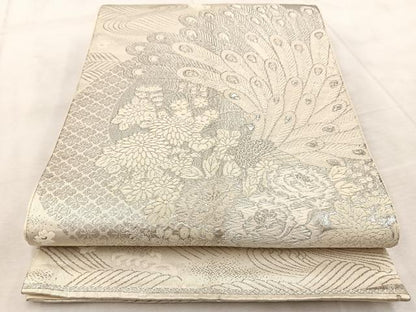 平和屋着物◎六通柄袋帯 唐織 美保姿 孔雀花文 銀糸 正絹 逸品 BAAV6424yc