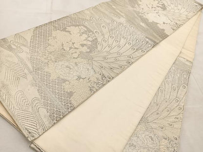平和屋着物◎六通柄袋帯 唐織 美保姿 孔雀花文 銀糸 正絹 逸品 BAAV6424yc
