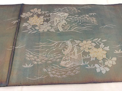 平和屋着物◎太鼓柄袋帯 駒刺繍 御所車花文 金銀糸 引箔 正絹 逸品 BAAV6477yc