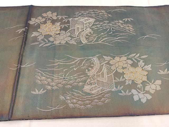 平和屋着物◎太鼓柄袋帯 駒刺繍 御所車花文 金銀糸 引箔 正絹 逸品 BAAV6477yc