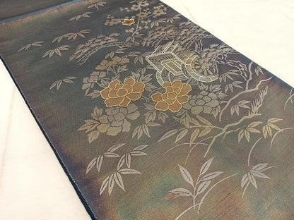 平和屋着物◎太鼓柄袋帯 駒刺繍 御所車花文 金銀糸 引箔 正絹 逸品 BAAV6477yc