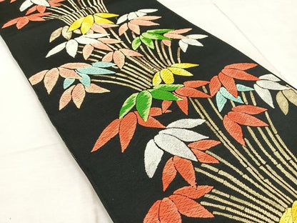 平和屋着物◎六通柄袋帯　唐織　笹竹文　黒地　金銀糸　正絹　逸品　BAAV6592yc