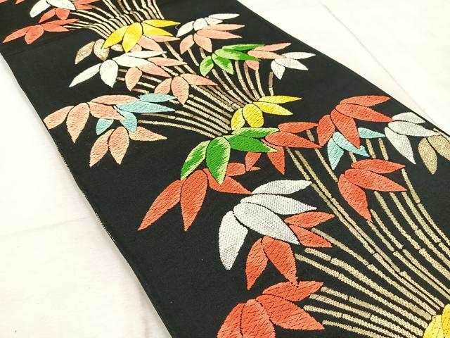 平和屋着物◎六通柄袋帯　唐織　笹竹文　黒地　金銀糸　正絹　逸品　BAAV6592yc