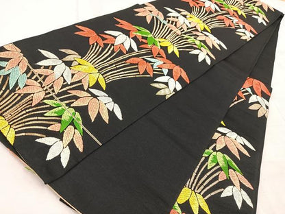 平和屋着物◎六通柄袋帯　唐織　笹竹文　黒地　金銀糸　正絹　逸品　BAAV6592yc