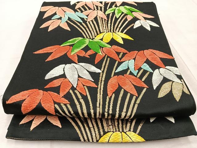 平和屋着物◎六通柄袋帯　唐織　笹竹文　黒地　金銀糸　正絹　逸品　BAAV6592yc