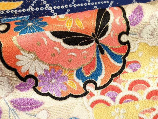 平和屋着物[]七五三　女の子　７歳　祝着　四つ身　襦袢(単衣・半衿刺繍)セット　御所車雪輪花蝶文　暈し染め　金彩　逸品　DAAY3153ma