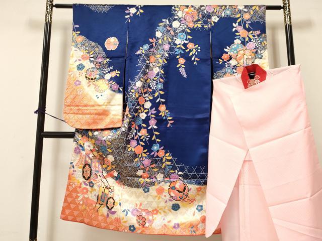 平和屋着物[]七五三　女の子　７歳　祝着　四つ身　襦袢(単衣・半衿刺繍)セット　御所車雪輪花蝶文　暈し染め　金彩　逸品　DAAY3153ma