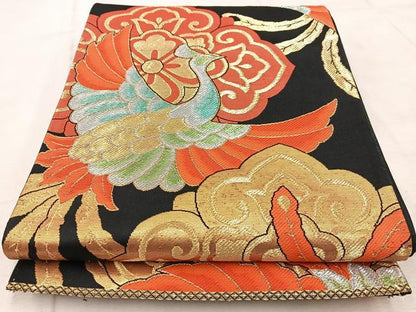 平和屋着物◎六通柄袋帯　唐織　鳳凰花文　黒地　金銀糸　正絹　逸品　BAAV6719yc