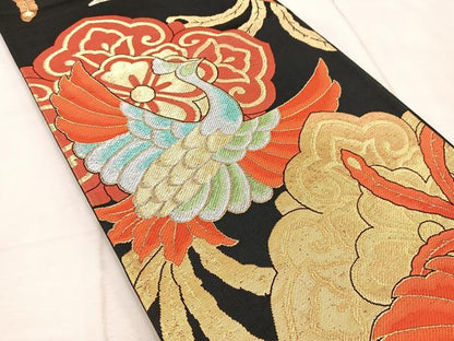 平和屋着物◎六通柄袋帯　唐織　鳳凰花文　黒地　金銀糸　正絹　逸品　BAAV6719yc