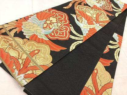 平和屋着物◎六通柄袋帯　唐織　鳳凰花文　黒地　金銀糸　正絹　逸品　BAAV6719yc