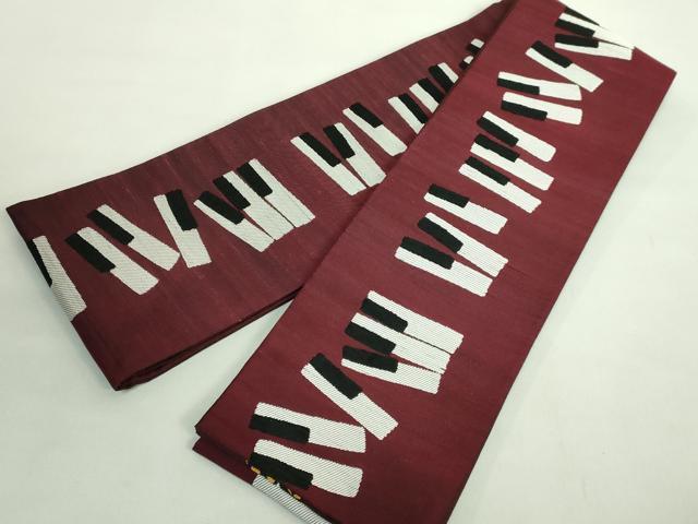 平和屋本店●極上　洛風林　工芸帯地　両面　半幅帯　ブレーメンの音楽隊　猫　犬　ロバ　鳥　ピアノ　逸品　DZAB1850kh6