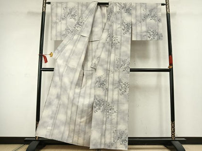 平和屋着物▽上質な紬 単衣 草花文 正絹 逸品 AABD0010fy